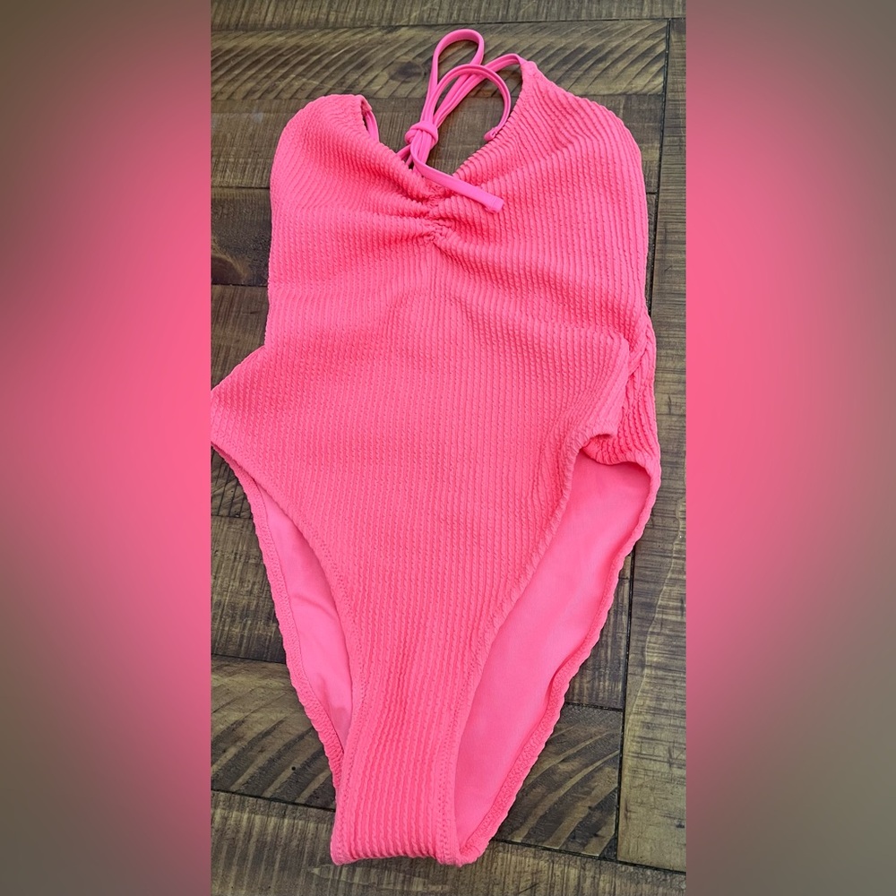 NWT Aerie Crinkle Halter Cheekiest One Piece Swimsuit in Coral Sun - Size XS